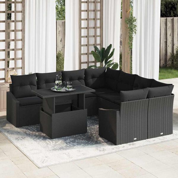 vidaXL Conjunto de Sof&aacute; de Jardim com almofada 9 pcs Preto vime PE