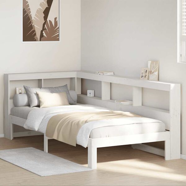 vidaXL Cama com estante sem colch&atilde;o 90x190 cm pinho maci&ccedil;o branco