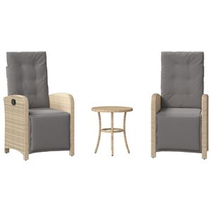 vidaXL 3 pcs conjunto bistr&ocirc; com almofad&otilde;es vime PE bege misturado