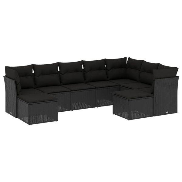 vidaXL 9 pcs conjunto de sof&aacute;s p/ jardim c/ almofad&otilde;es vime PE preto