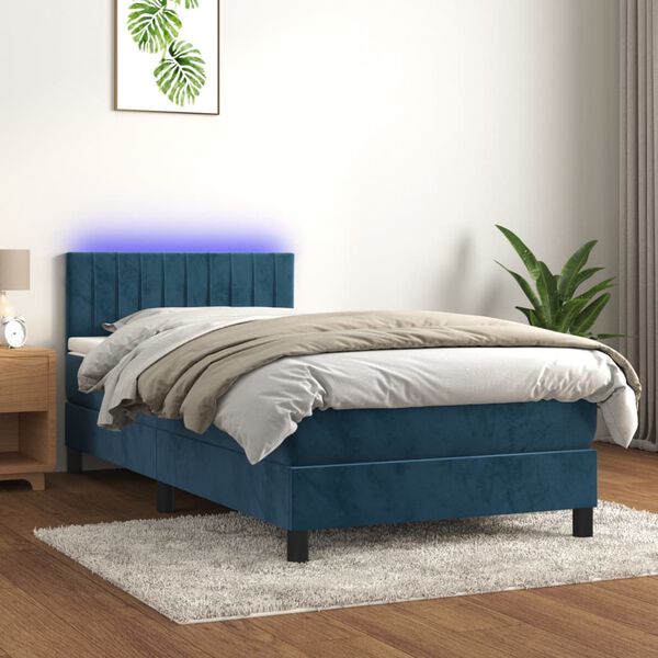 vidaXL Cama box spring c/ colch&atilde;o/LED 90x190 cm veludo azul-escuro