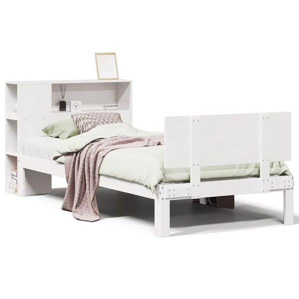 vidaXL Cama com estante sem colch&atilde;o 75x190 cm pinho maci&ccedil;o branco