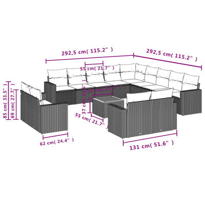 vidaXL 14 pcs conjunto de sofás p/ jardim c/ almofadões vime PE preto