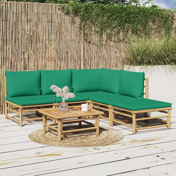 vidaXL 6 pcs conjunto lounge de jardim bambu c/ almofad&otilde;es verdes