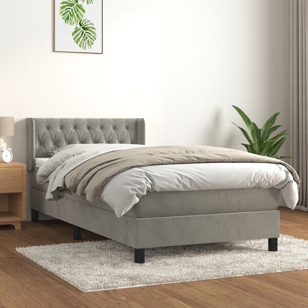 vidaXL Cama com molas/colch&atilde;o 90x200 cm veludo cinza-claro