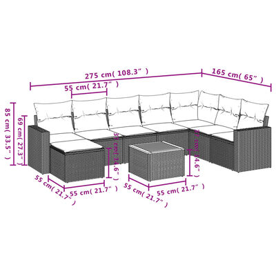 vidaXL 9 pcs conjunto de sofás p/ jardim c/ almofadões vime PE preto
