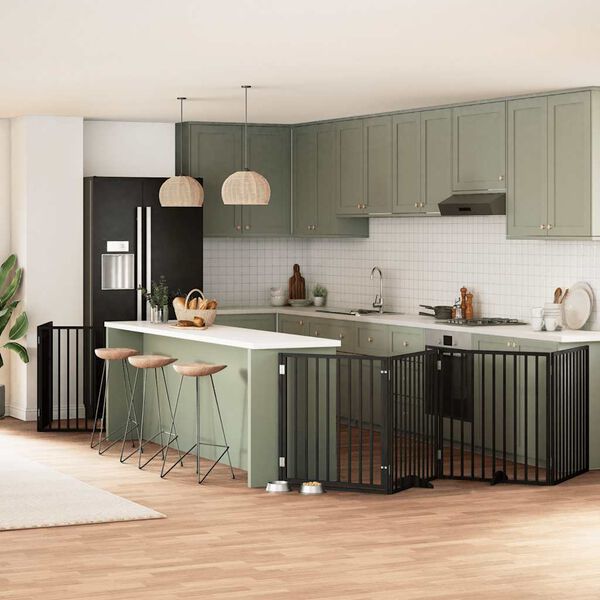 vidaXL Port&atilde;o p/ c&atilde;es com porta dobr&aacute;vel 8 pain&eacute;is 640 cm &aacute;lamo preto