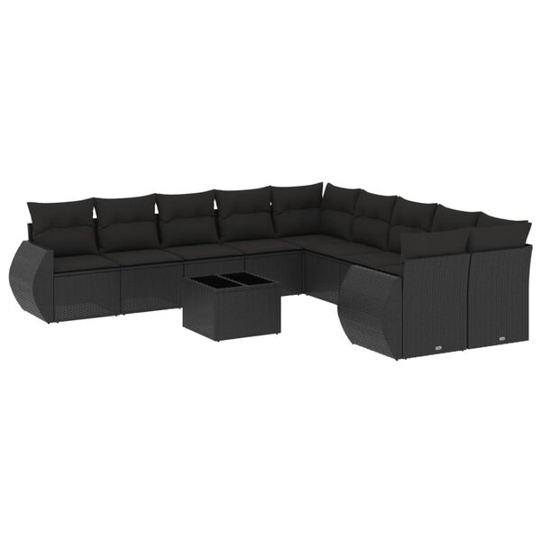 vidaXL 11 pcs conjunto sofás de jardim c/ almofadões vime PE preto