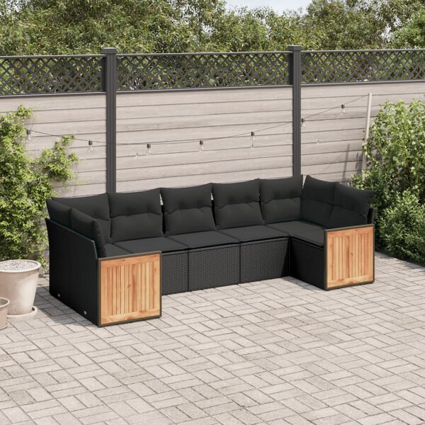vidaXL 7 pcs conjunto de sof&aacute;s p/ jardim c/ almofad&otilde;es vime PE preto