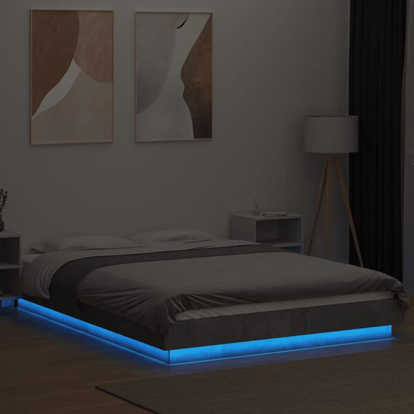 vidaXL Estrutura cama c/ luzes LED derivados de madeira cinza cimento