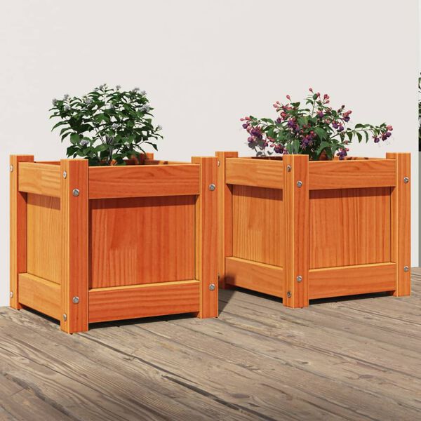 vidaXL Vasos/floreiras de jardim 2 pcs pinho maci&ccedil;o castanho cera