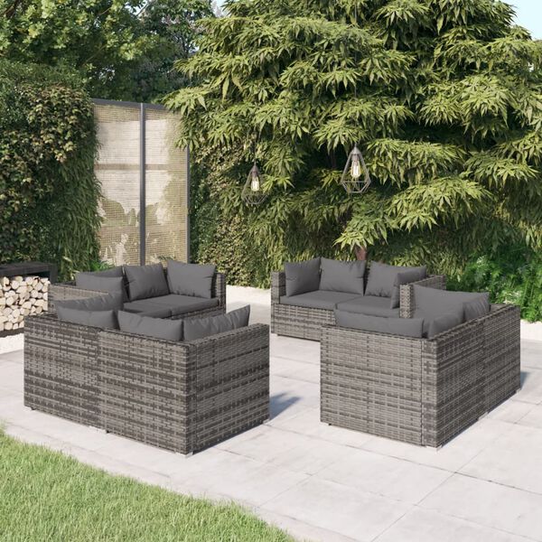 vidaXL 8 pcs conjunto lounge de jardim c/ almofad&otilde;es vime PE cinzento