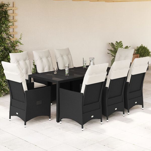 vidaXL 9 pcs conjunto de jantar p/ jardim c/ almofad&otilde;es vime PE preto