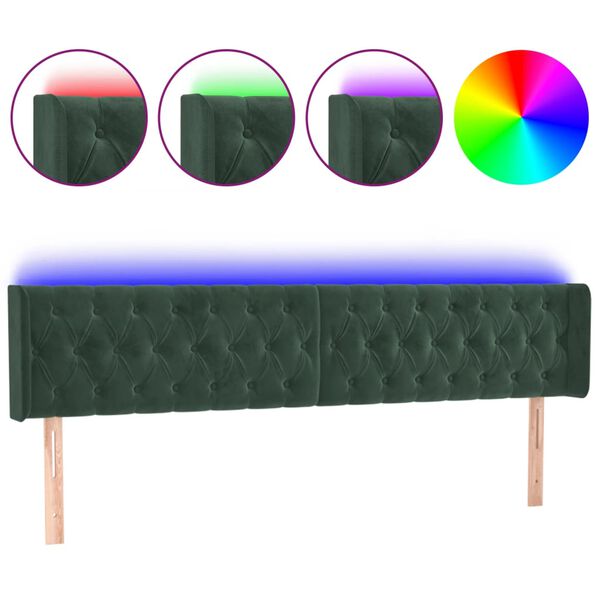 vidaXL Cabeceira cama c/ luzes LED veludo 203x16x78/88 cm verde-escuro