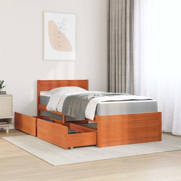 vidaXL Cama com gavetas e colch&atilde;o 90x200 cm pinho maci&ccedil;o castanho-mel