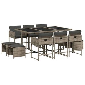 vidaXL 11 pcs conjunto jantar p/ jardim c/ almofad&otilde;es vime PE cinzento