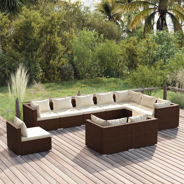 vidaXL 10 pcs conjunto lounge de jardim c/ almofad&otilde;es vime PE castanho