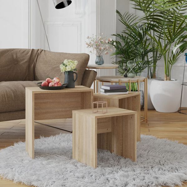 vidaXL Mesas de centro de encastrar 3pcs contraplacado carvalho sonoma