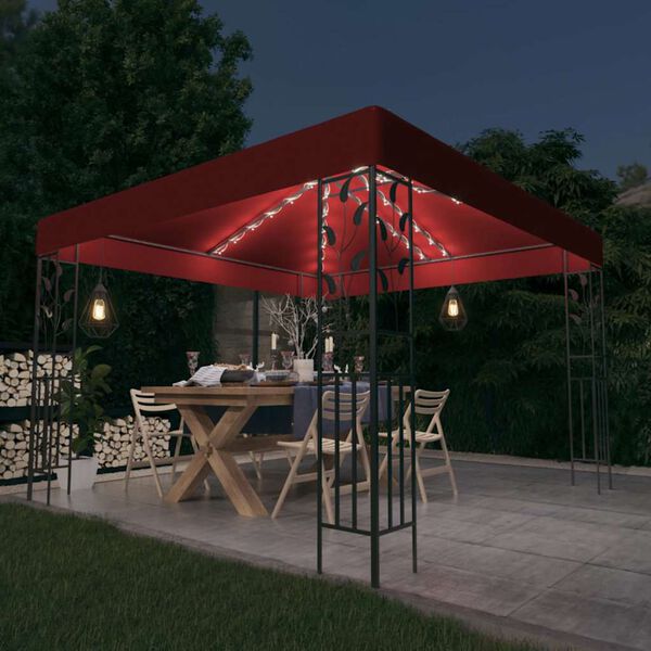 vidaXL Gazebo com cord&otilde;es de luzes LED 3x3 m vermelho tinto