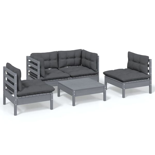 vidaXL 5 pcs conjunto lounge de jardim c/ almofad&otilde;es pinho maci&ccedil;o