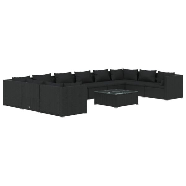 vidaXL 11 pcs conjunto lounge de jardim c/ almofad&otilde;es vime PE preto