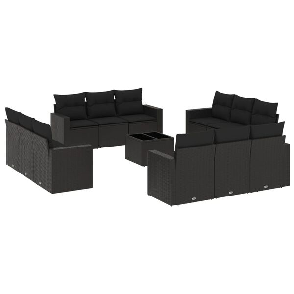 vidaXL 13 pcs conjunto de sof&aacute;s de jardim com almofad&otilde;es vime PE preto
