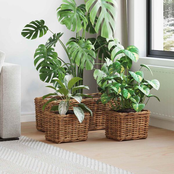 vidaXL Cesta de Plantas com armazenamento 3 pcs Castanho Rattan Kubu