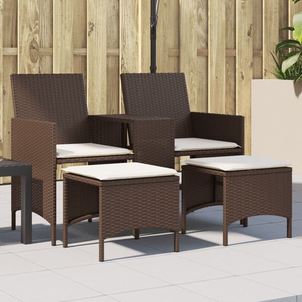 vidaXL Sof&aacute; de jardim de 2 lugares com mesa e bancos vime PE castanho