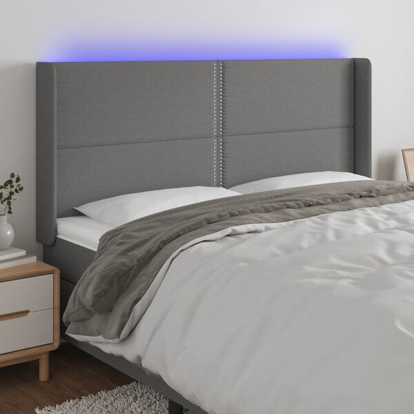 vidaXL Cabeceira de cama c/ LED tecido 163x16x118/128 cm cinza-escuro