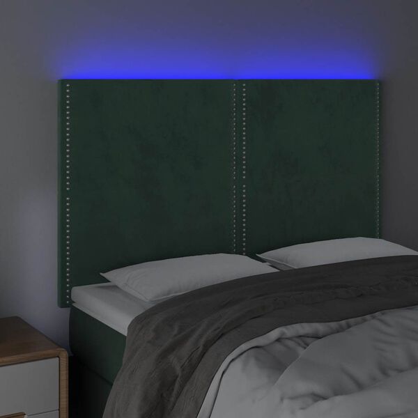 vidaXL Cabeceira de cama c/ LED veludo 144x5x118/128 cm verde-escuro