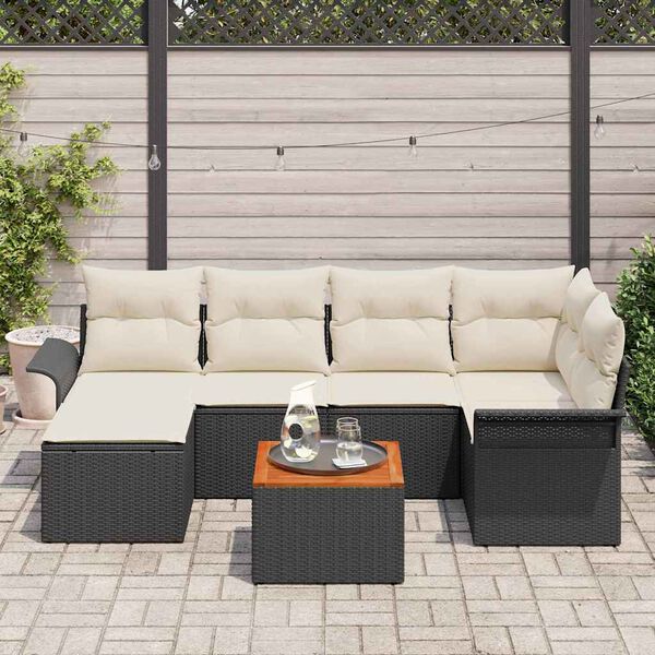 vidaXL Conjunto de Sofá de Jardim com almofada 7 pcs Preto e Creme