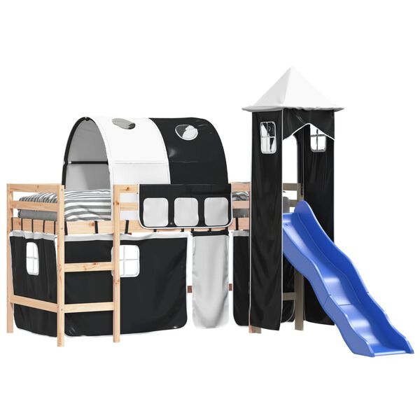 vidaXL Cama alta crian&ccedil;a c/ torre 90x190 cm pinho maci&ccedil;o branco/preto