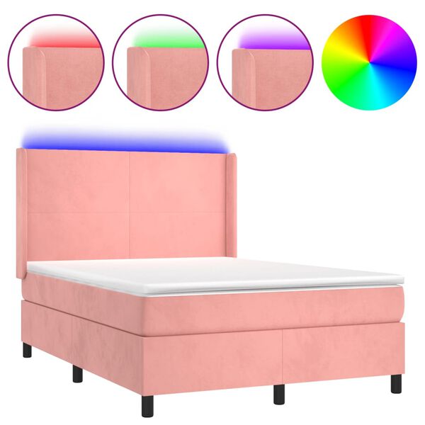 vidaXL Cama box spring c/ colch&atilde;o/LED 140x200 cm veludo rosa