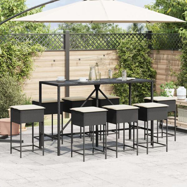 vidaXL 9 pcs conjunto de bar para jardim c/ almofad&otilde;es vime PE preto