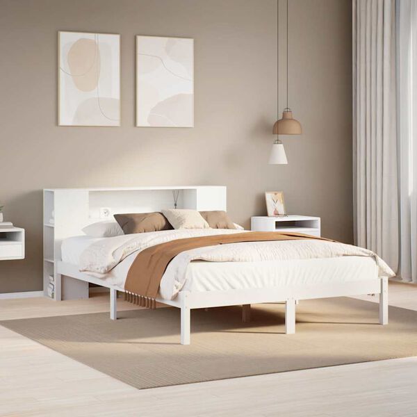 vidaXL Cama com estante sem colch&atilde;o 160x200 cm pinho maci&ccedil;o branco