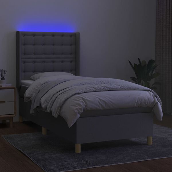vidaXL Cama box spring c/ colch&atilde;o e LED 90x190 cm tecido cinza-claro