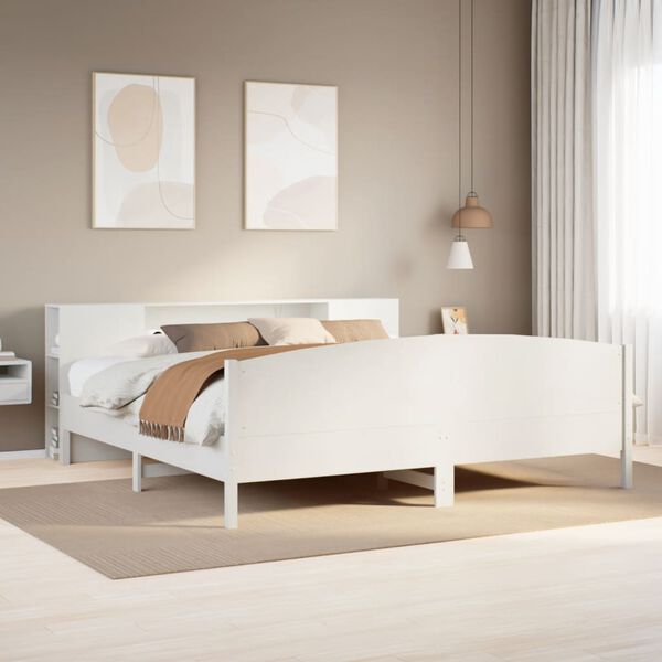 vidaXL Cama com estante sem colch&atilde;o 180x200 cm pinho maci&ccedil;o branco