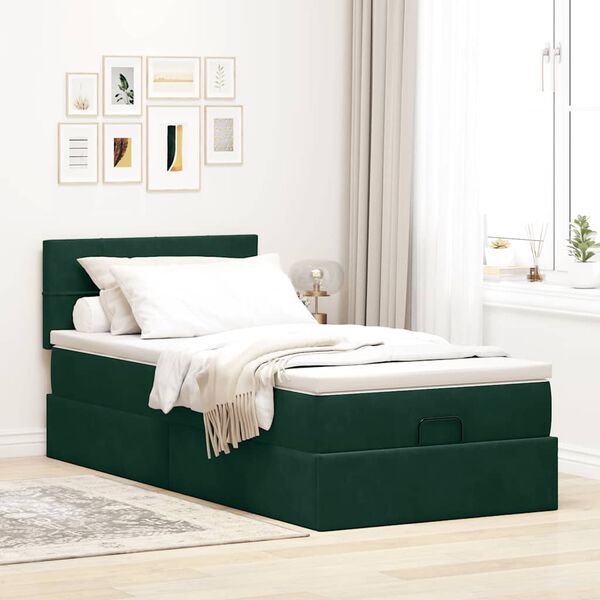 vidaXL Estrutura de cama otomana com colch&atilde;o verde escuro veludo