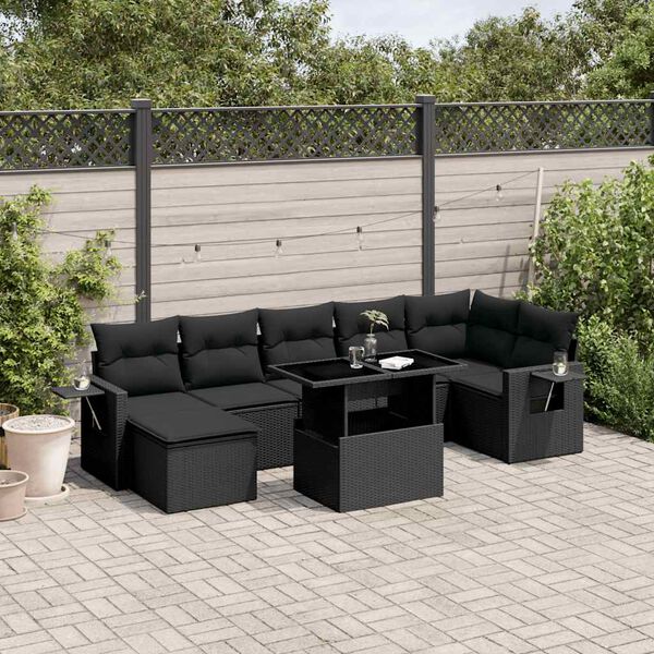 vidaXL 8 pcs conjunto sof&aacute;s de jardim com almofad&otilde;es vime PE preto