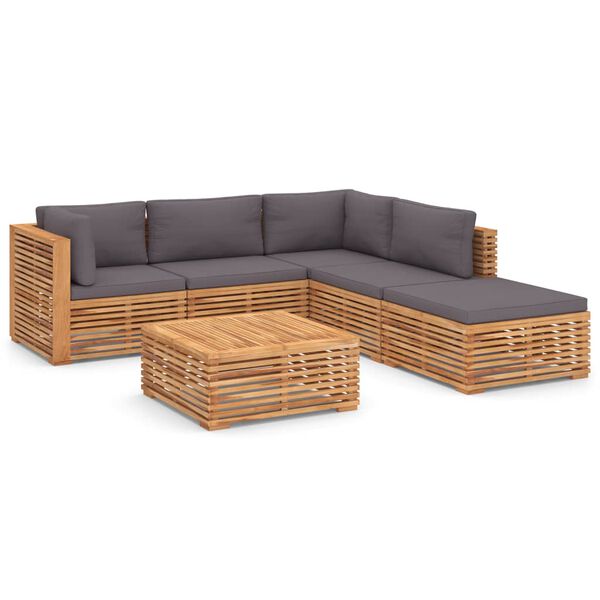 vidaXL 6 pcs conj. lounge jardim + almofad&otilde;es cinza-escuro teca maci&ccedil;a