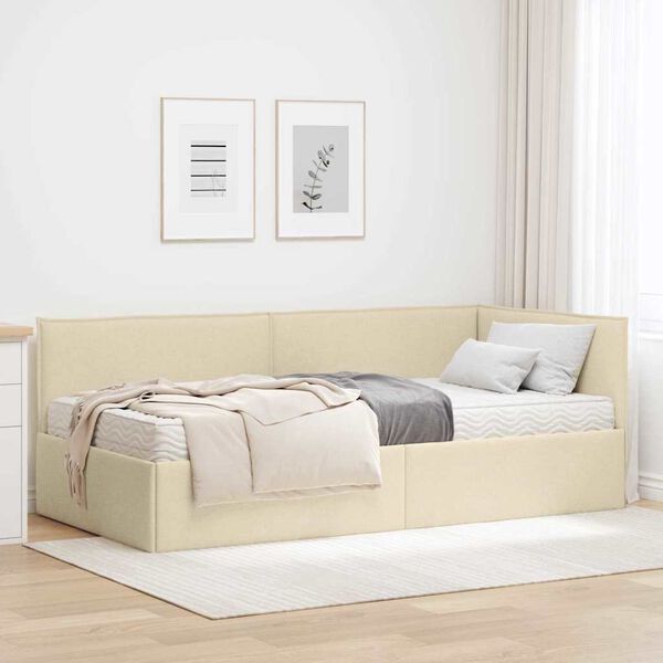 vidaXL Estrutura de Cama de Canto com Colch&atilde;o 2 pcs Creme Veludo