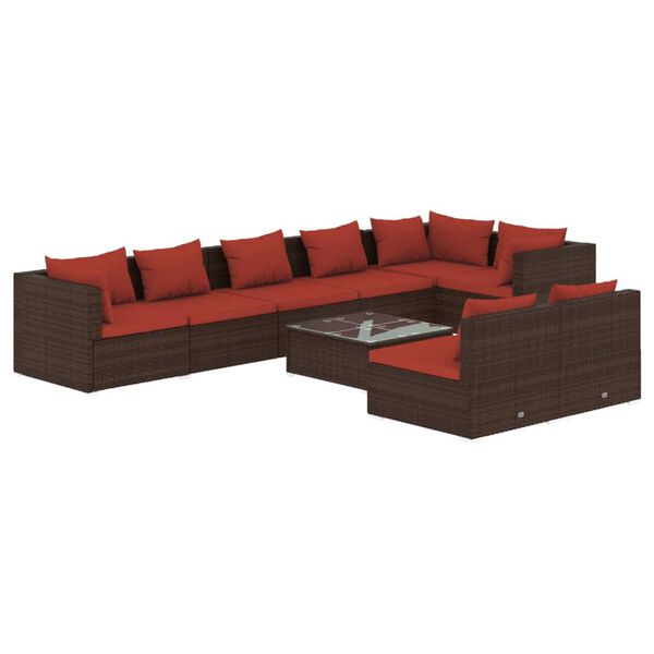 vidaXL 9 pcs conjunto lounge jardim c/ almofad&otilde;es vime PE castanho