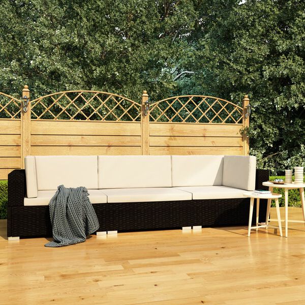 vidaXL 3 pcs conjunto sofás de jardim c/ almofadões vime PE preto