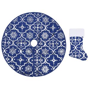 vidaXL Saia de &aacute;rvore de Natal luxuosa 90 cm com meia tecido azul