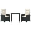 vidaXL Conjunto de Jantar para Jardim com almofada 3 pcs Preto vime PE