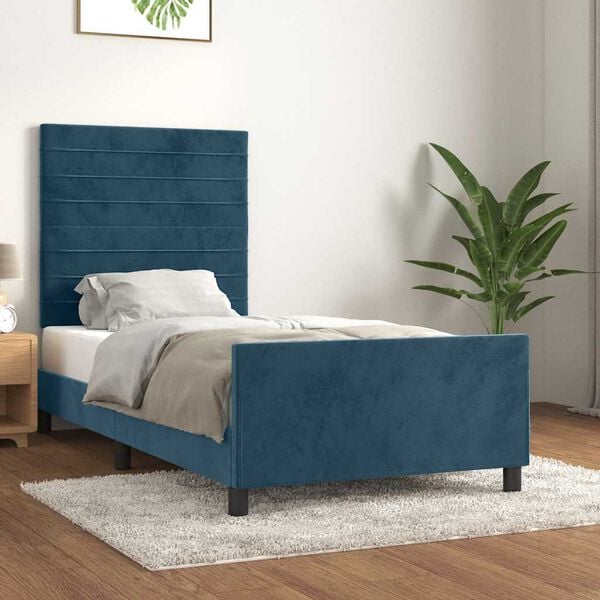 vidaXL Estrutura de cama sem colch&atilde;o 90x190 cm veludo azul-escuro