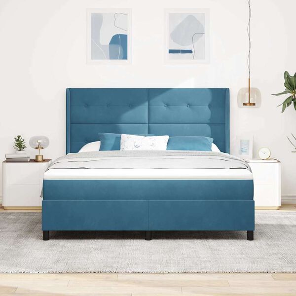 vidaXL Cama Box Spring com LED e Colch&atilde;o Azul 180 x 200 cm Veludo