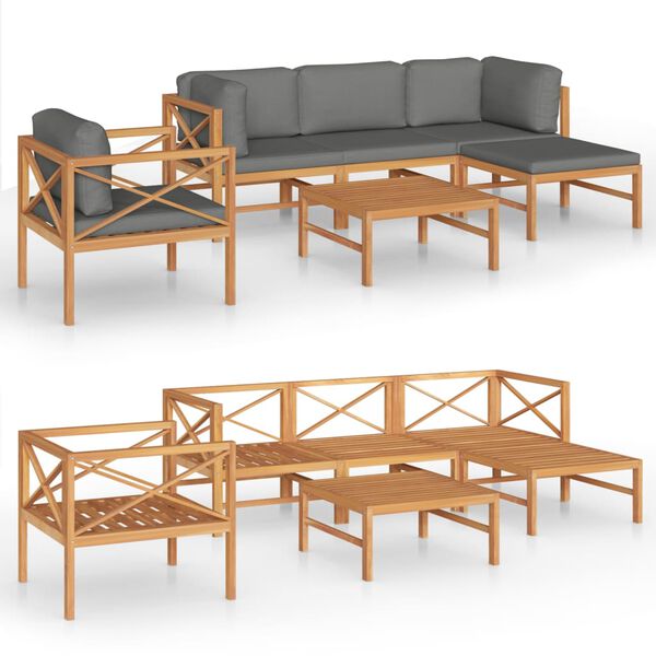vidaXL 6 pcs conj. lounge de jardim + almofad&otilde;es cinzentos teca maci&ccedil;a