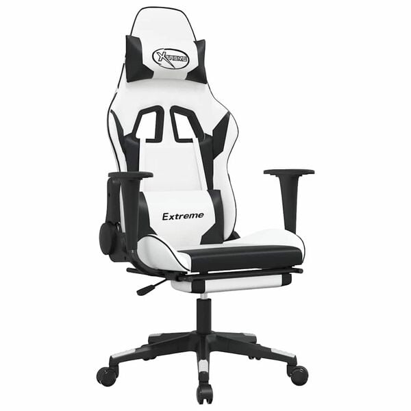 vidaXL Cadeira gaming massagens c/ apoio pés couro artif. Branco/preto