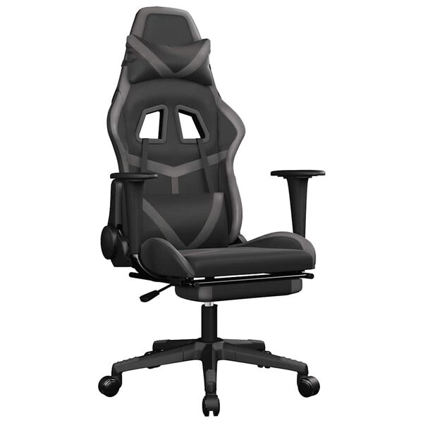 vidaXL Cadeira gaming massagens c/ apoio p&eacute;s couro artif. preto/cinza